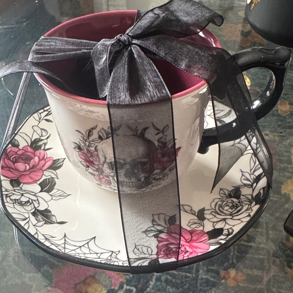 Floral Skull roses and spiders Mug and Saucer with Black Ribbon.